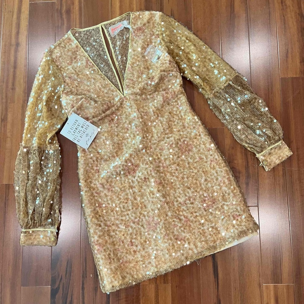 New NWT Free People Gold Dress‎ Long Sleeve Sequin Embellishments Evening Sz 2